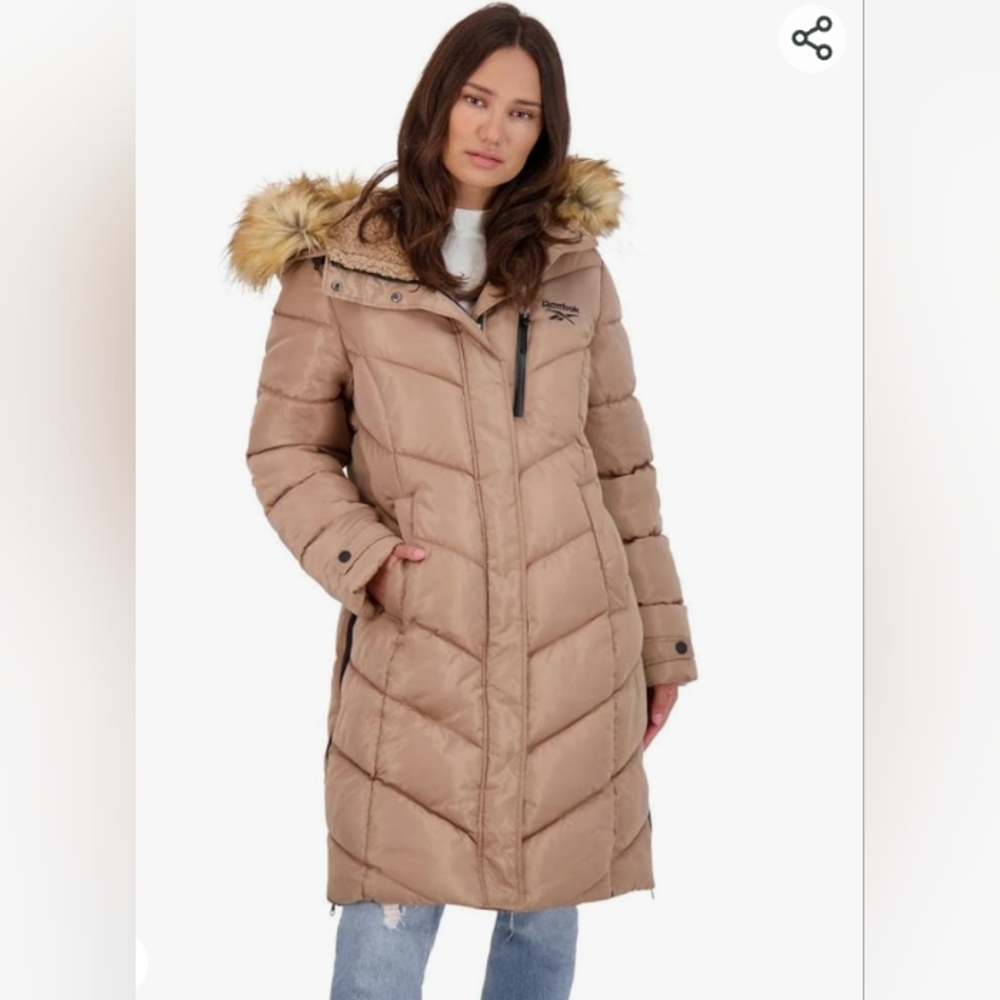Women's Reebok hooded winter knee length coat in Toffee, beige, size small